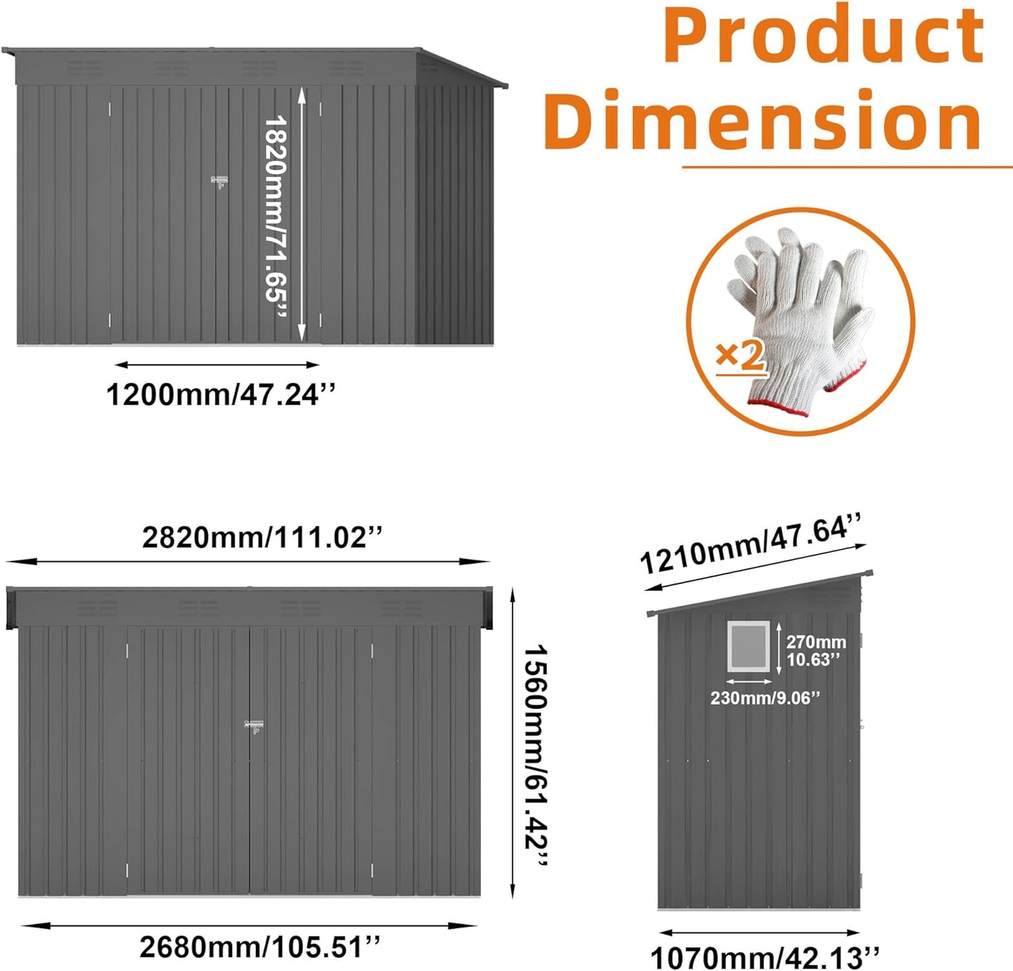 9x4 FT Lean to Shed with Window, Metal Sheds & Outdoor Storage with 6 Vents and 2 Swing Doors, Outdoor Storage Shed Waterproof for Backyard, Garden, Patio, Gray