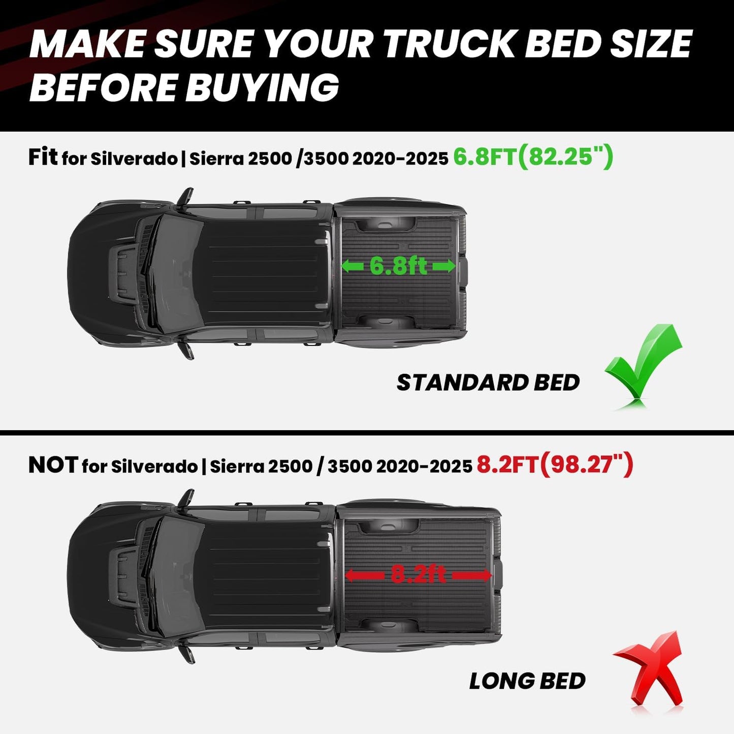 LASFIT Truck Bed Mat 2020-2025 for Chevrolet Silverado/GMC Sierra 2500HD 3500HD (Only Fit 6.8FT, Not Fit 5.8FT/6.6FT) All Weather TPE Custom Fit Car Bed Mat, Black (Not for 5th Wheel Package)
