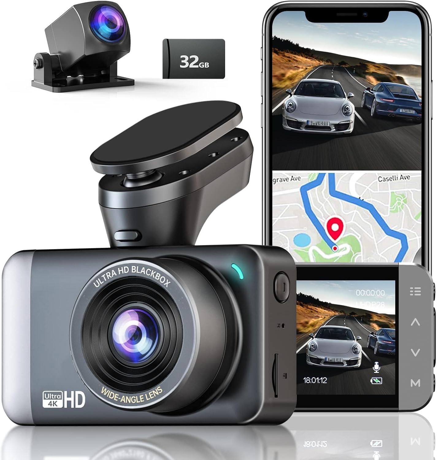 JOMISE Dash Cam Front and Rear 4K+1080P, 3" LCD, Starvis Sensor, Built-in GPS, WDR, Night Vision, Dash Camera for Cars with WiFi, Parking Mode, 32GB Card, Reliable Dashcam for Safety Recording