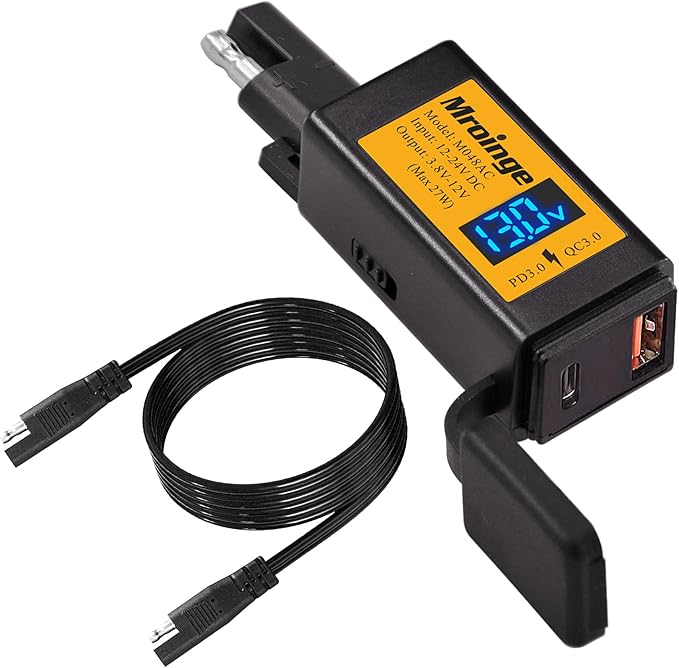 Motorcycle USB-C Charger, SAE to USB Adapter, 27W Dual Port USB Fast Charger with Voltmeter/Ammeter and ON/Off Switch, Perfect for Phone, Tablet, GPS etc Charging