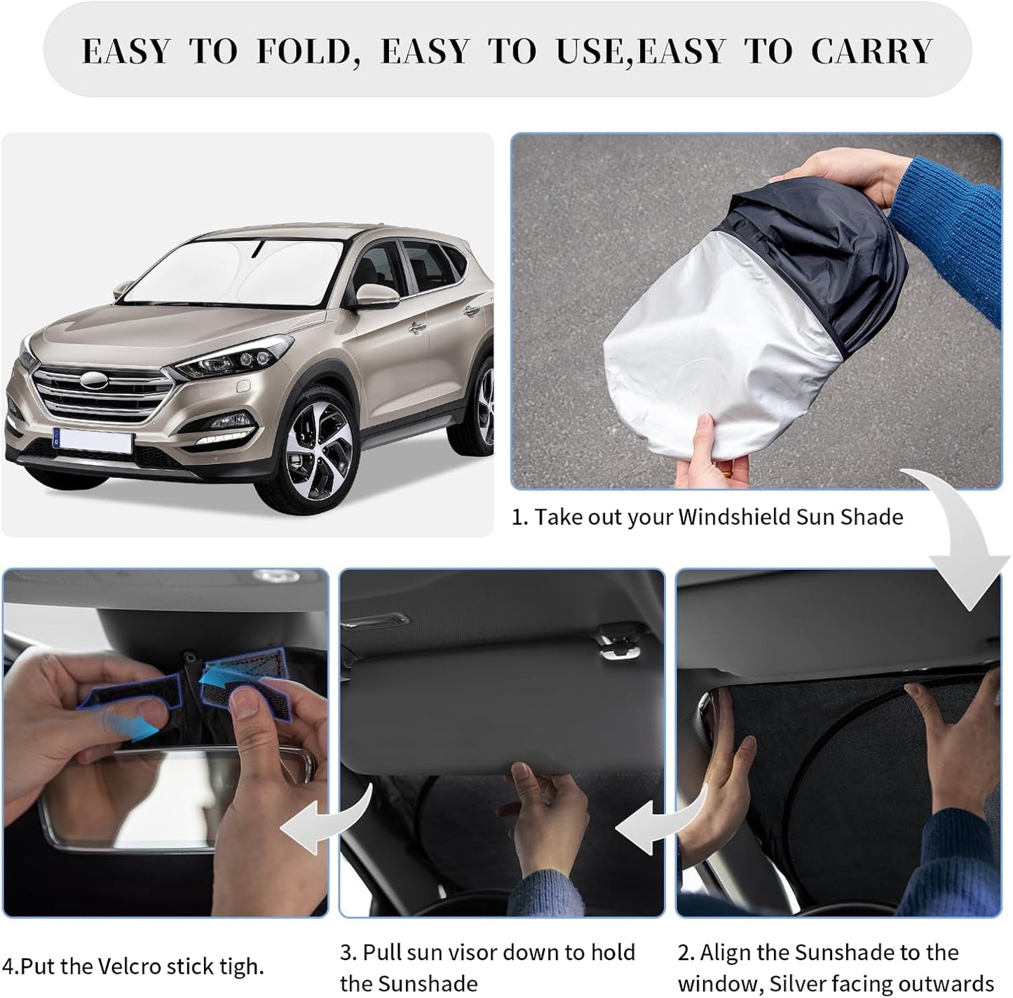 Sun Shade Sunshade for Hyundai Tucson Windshield Cover,4-Layer Front Window Shade Custom fit Tucson 2016-2021 Sun Visor 240T Retractable Shade Blocks UV Rays Cooler Car Accessories