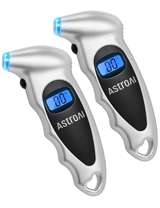 AstroAI Tire Pressure Gauge Digital 0-150PSI (Accurate in 0.1 Increments), 4 Units Stocking Stuffers for Car Truck Bicycle with Backlight LCD and Presta Valve Adaptor, Sliver (2 Pack)