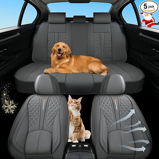 Universal Gray Leather Car Seat Covers Full Set – Waterproof Automotive Seat Protector for Cars, SUVs & Pickups, Airbag Safe, Non-Slip Design, Easy Installation, Durable Material