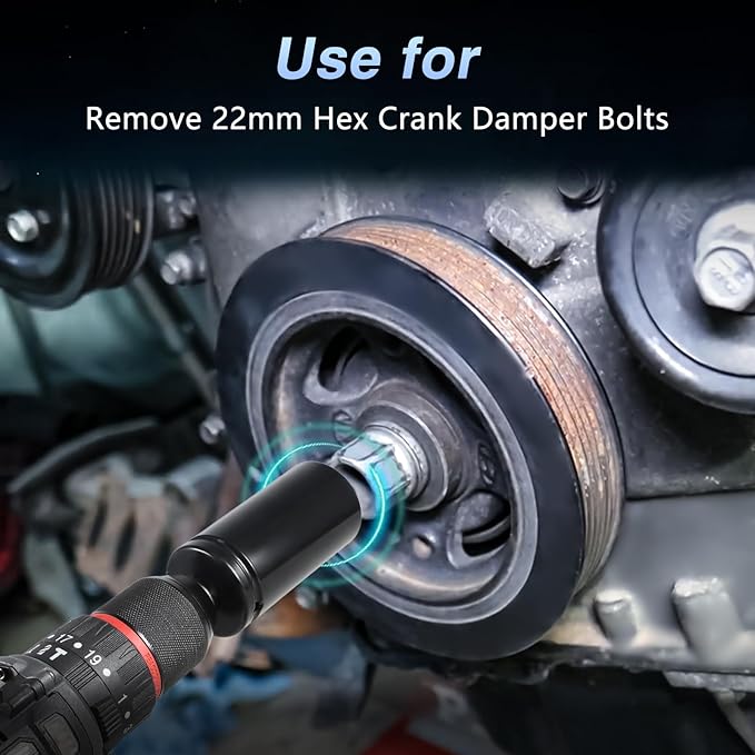 22mm Harmonic Balancer Socket 1/2" Drive Metric 6 Point Impact Socket Heavy-Duty Deep Well Crank Bolt Wrench Crank Bolt Removal Tool Compatible with BMW Dodge Ford Jeep Kia Lexus Toyota Engines