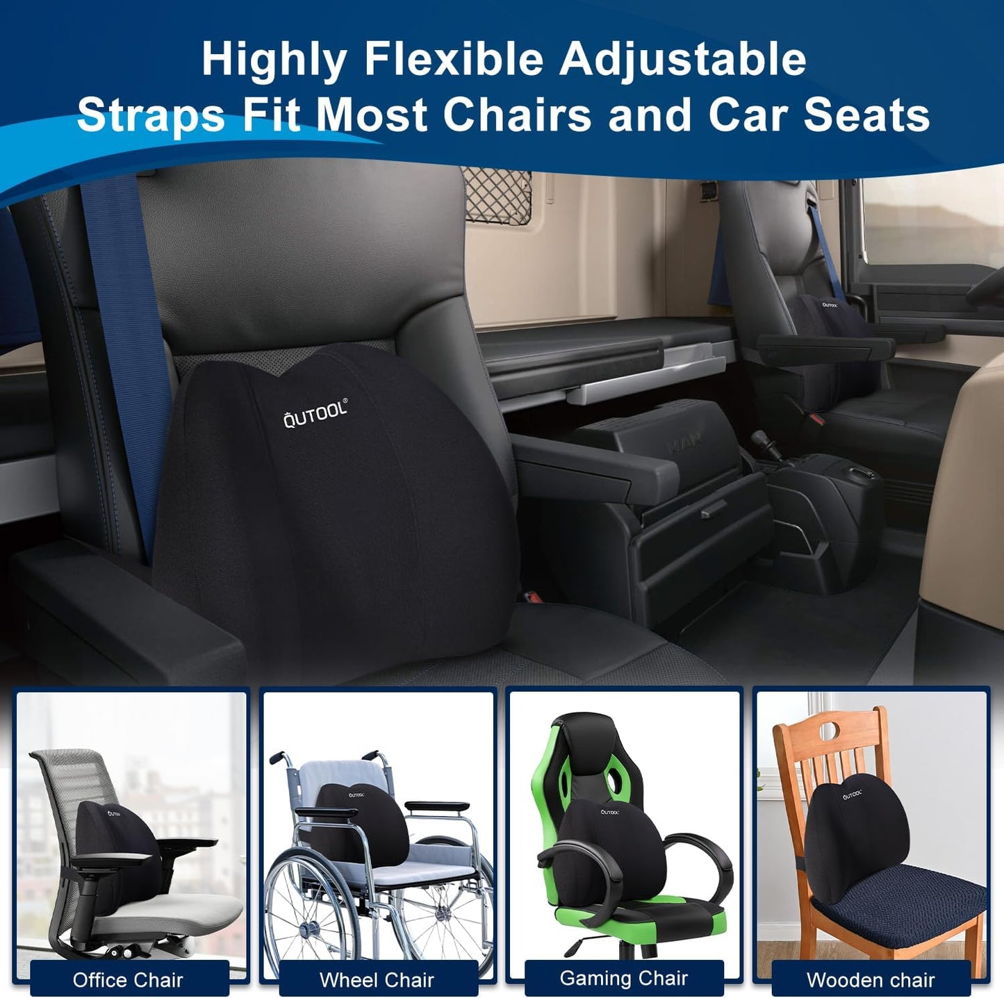 QUTOOL Lumbar Support Pillow for Office Chair, Memory Foam Low Back Support,Back Pain Relief, Ergonomic Back Cushion for Desk Chair,Gaming Chair,Adjustable Strap and Washable Cover