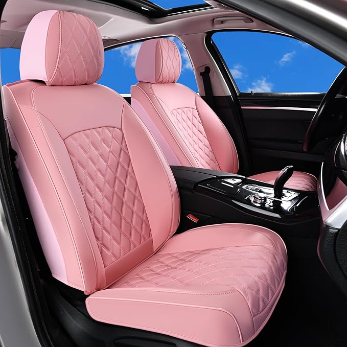 Huidasource Pink Seat Covers, Nappa Leather Car Seat Covers, Velcro Adjustable, Compatible with Airbags, Armrests, Child Seat, Seat Belts, Fit for Most Cars, Vans, Trucks, SUVs (Full Set/Pink)