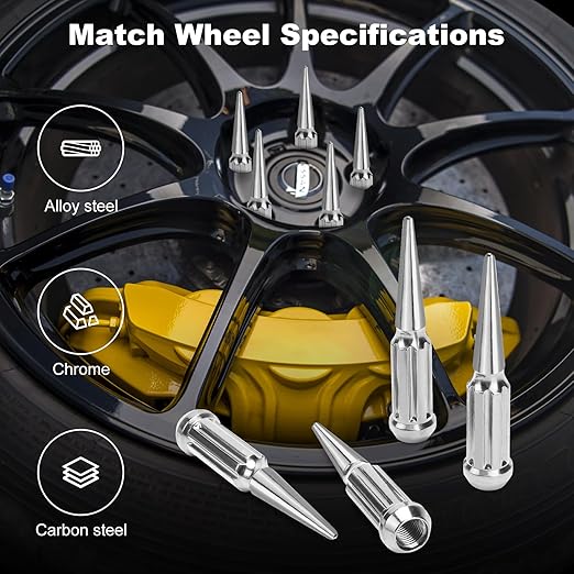 M14x2 Spike Lug Nuts, Set of 24 Chrome Spline Spiked Lug Nut with Key for Jeep Wrangler 1987-2024 Ford Expedition 2000-2024 F-250 F-350 1999-2024, 14x2 Acorn Solid Metal Truck LugNut