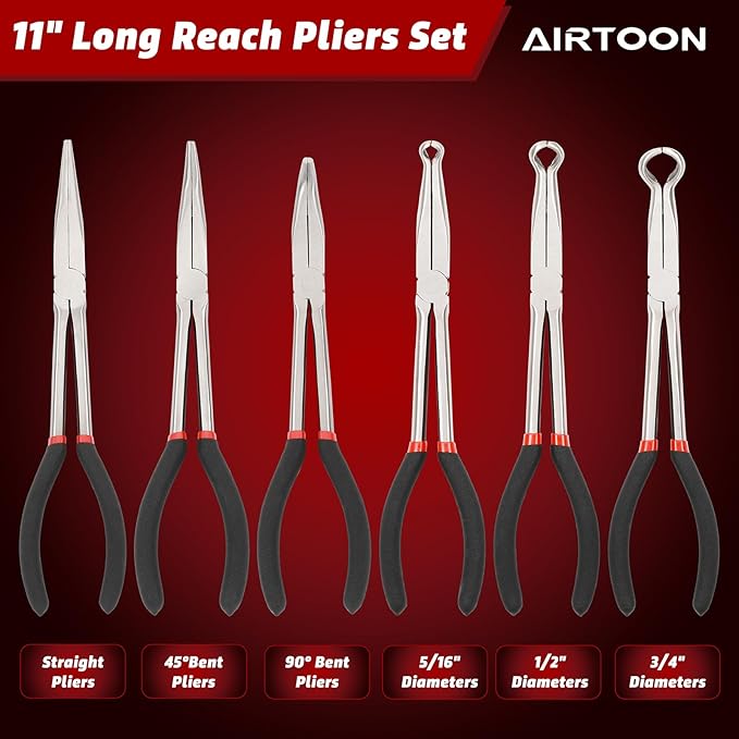 AIRTOON 6-Piece 11" Hose Gripper Plier & Long Reach Pliers Set, Straight, 45, 90-Degree Angle, 5/16-Inch, 1/2-Inch, 3/4-Inch Dia, Extra-long Pliers for Hard-to-Reach Narrow Spaces
