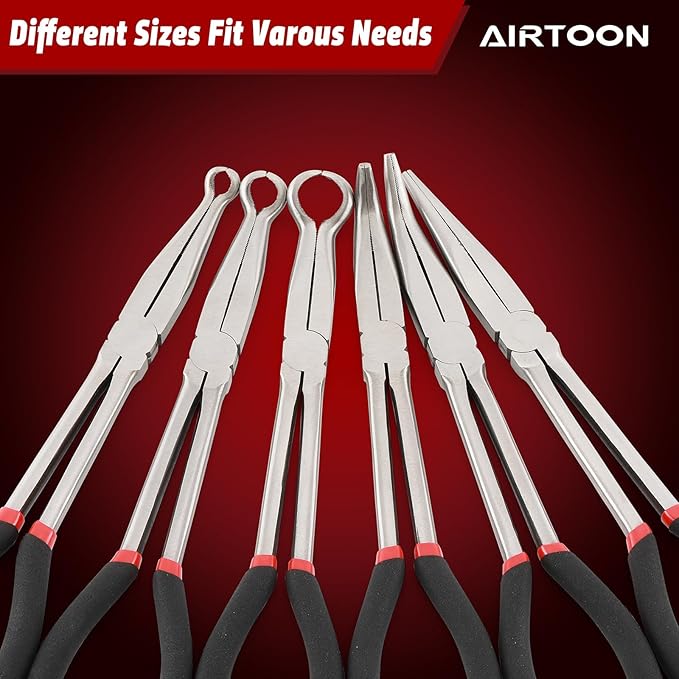 AIRTOON 6-Piece 11" Hose Gripper Plier & Long Reach Pliers Set, Straight, 45, 90-Degree Angle, 5/16-Inch, 1/2-Inch, 3/4-Inch Dia, Extra-long Pliers for Hard-to-Reach Narrow Spaces