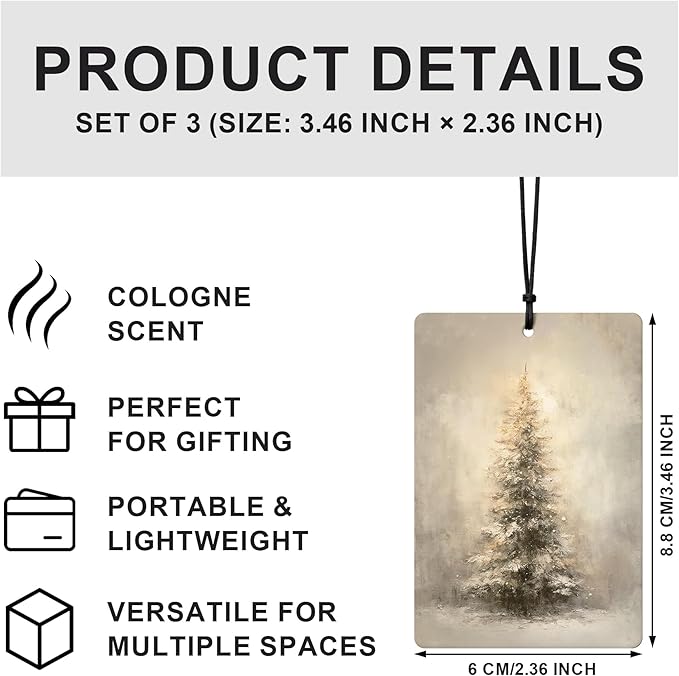 Christmas Car Air Freshener 3Pcs, Vintage Winter Xmas Tree Gift Box Stocking Santa Hanging Air Freshener for Cars Closet Drawer Books, Christmas Car Accessories for Women Men