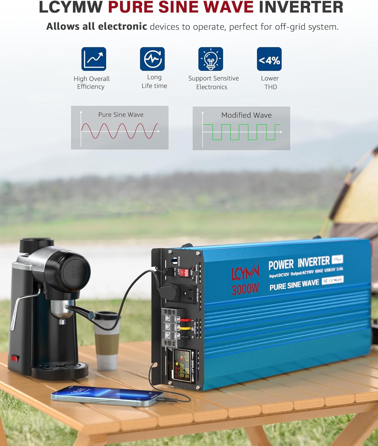 3000 Watt Inverter Pure Sine Wave DC 12V to 110V AC Power Inverters with 3 AC Charger Outlets, Car Inverter Solar Power Inverters for Vehicles Home with LCD Display and 2.4A USB Charging Ports