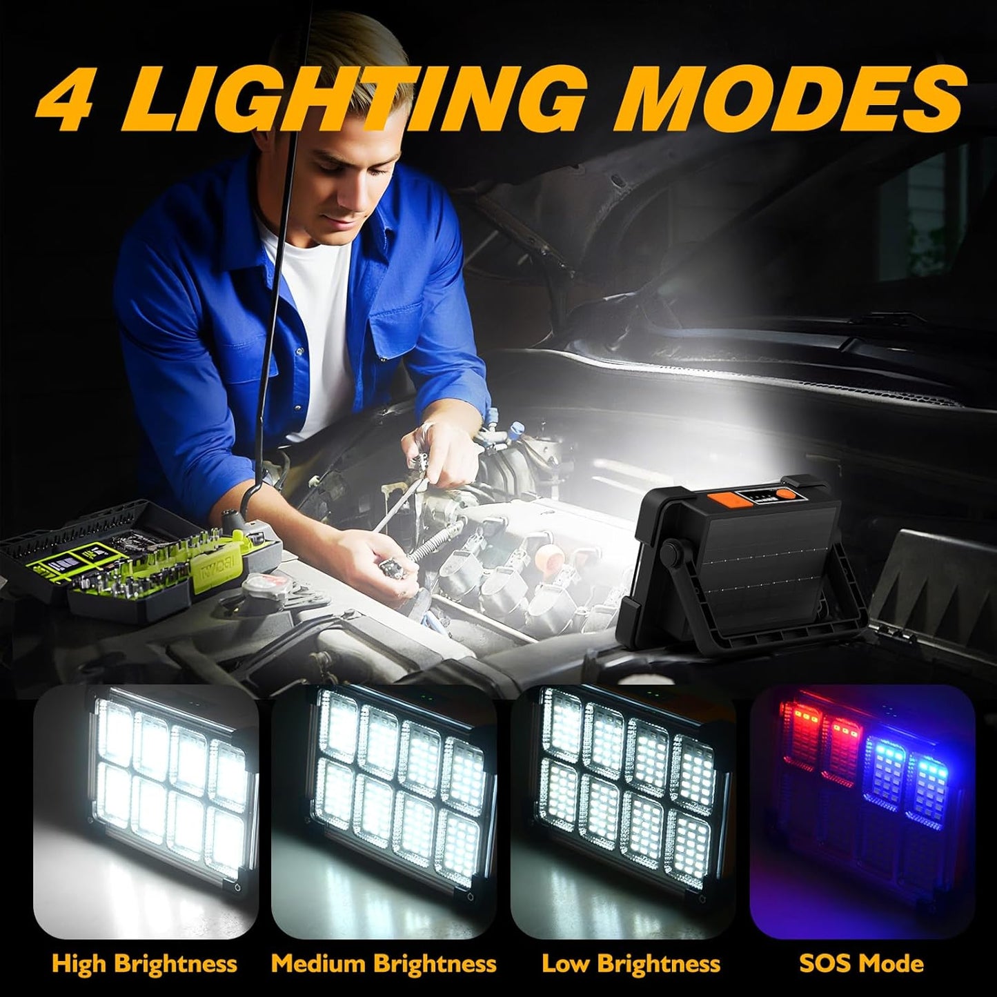 120W Solar Rechargeable Work Light, 144 LED 10000LM Led Work Light with 4 Modes, Portable Flood Light with Stand, IP66 Waterproof Outdoor Working Light for Emergency Mechanic Camping Repair (Black)