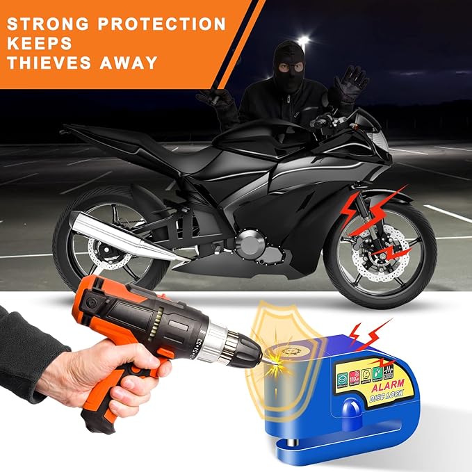 Motorcycle Alarm Disc Brake Lock, Motorcycle Locks Anti Theft Security Wheel Disc Lock Waterproof 110dB Alarm Sound with 5ft Reminder Cable Keys and Carry Pouch for Motorbike Bike Scooter