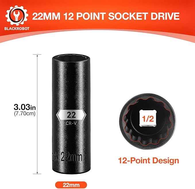 BLACKROBOT 22 mm 12-Point Deep Impact Socket, 1/2 Inch Drive, Metric, Cr-V Steel With Black Manganese Phosphate Coating