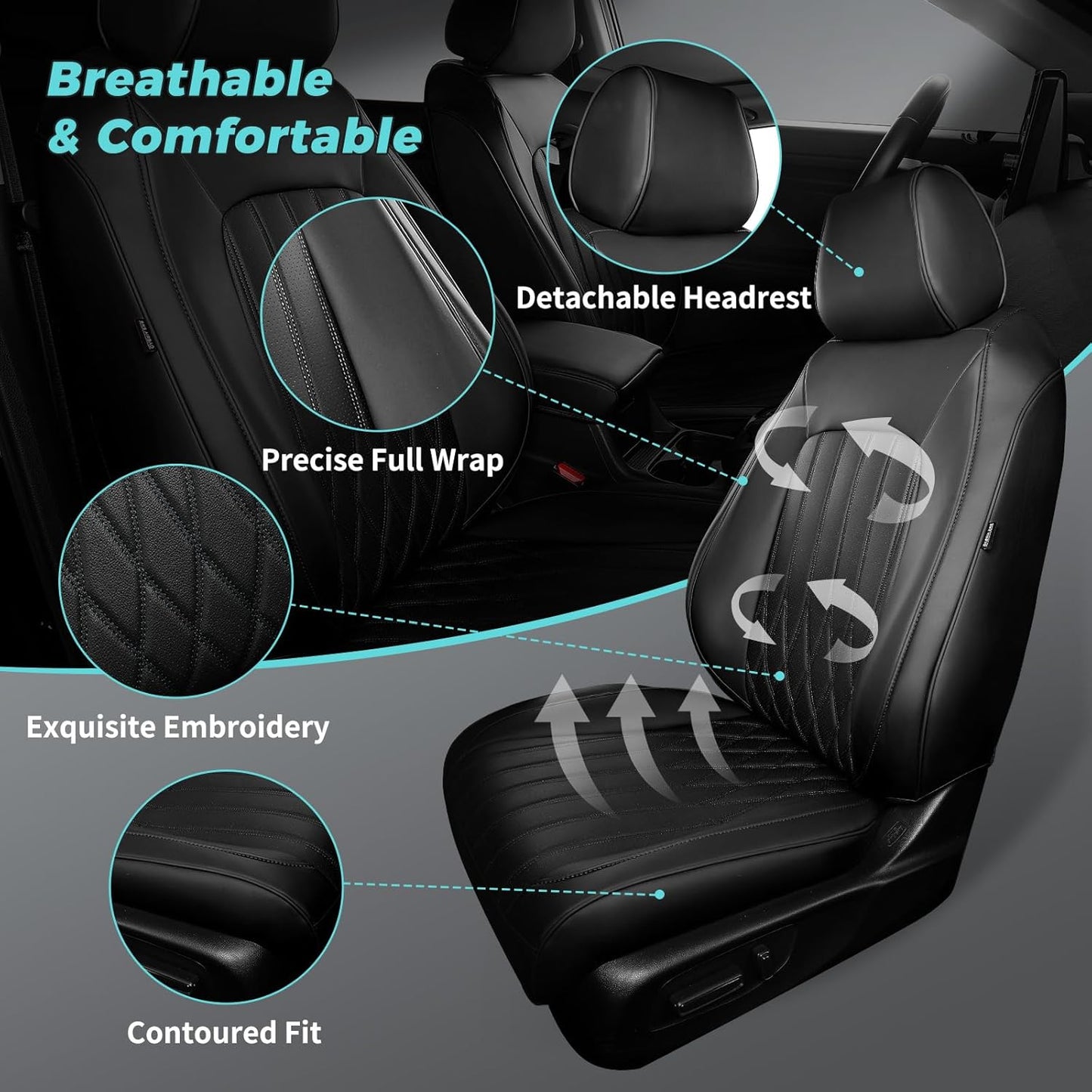 Seat Covers for Honda CRV 2023 2024 2025 2026 EX/EXL/LX/Sport/Touring/Special Edition, Hybrid & Gas, 1:1 Custom Leather Seat Covers Full Set - Black