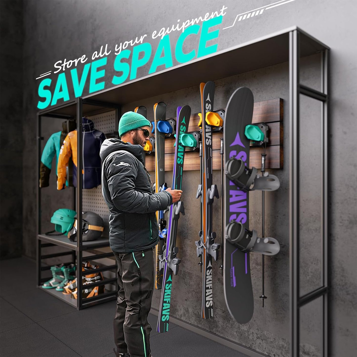 Ski & Snowboard Wall Rack for Garage - Fits Any Ski/board, Damage-Free Storage, Multi-color 4pck