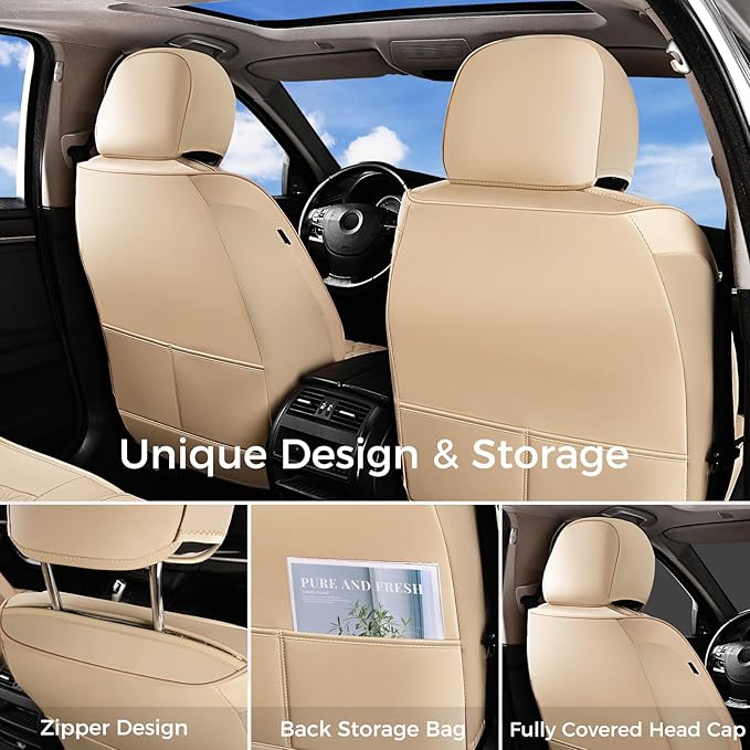 Huidasource Beige Seat Covers, Car Seat Covers Front ＆ Split Rear Bench, Seat Covers Full Set, Nappa Leather Seat Cover Protector Universal Fit for Most Cars, Vans, Trucks, SUVs (Full Set/Beige)