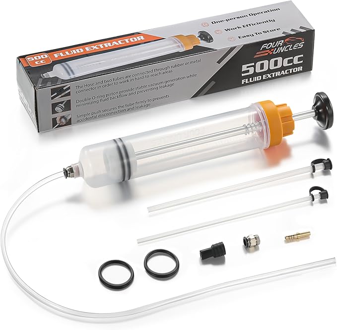 FOUR UNCLES 500cc Fluid Extractor & Fill Pump for Automotive Use - Oil Syringe with a 28" Hose & Two 12" Extension Tubes for Easy Oil Change