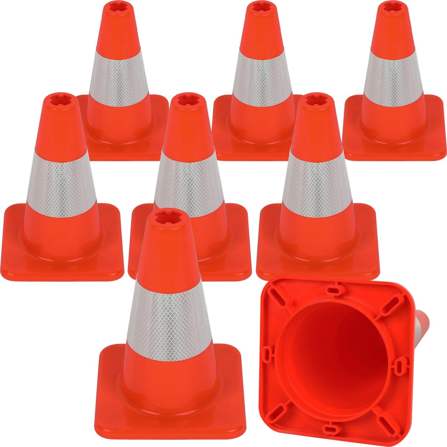 8 Pack All-PVC 1-Piece Traffic Cones, 360° Visible Fluorescent Orange-Red, No Base Separation for Parking, Sports, Driving Training, Construction Events
