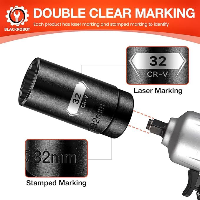 BLACKROBOT 32 mm 12-Point Deep Impact Socket, 1/2 Inch Drive, Metric, Cr-V Steel With Black Manganese Phosphate Coating