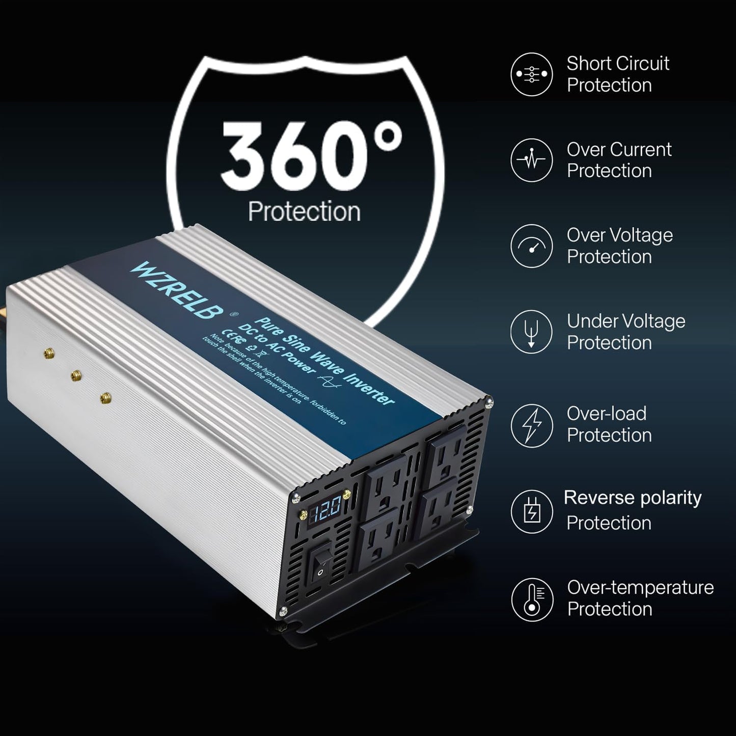 WZRELB 2000W Pure Sine Wave Inverter 12V DC to 110V 120V AC, Car Power Inverter with 4 AC Outlets, LED Display,Off-Grid Portable Power Converter for Home, RV, Truck, Camping