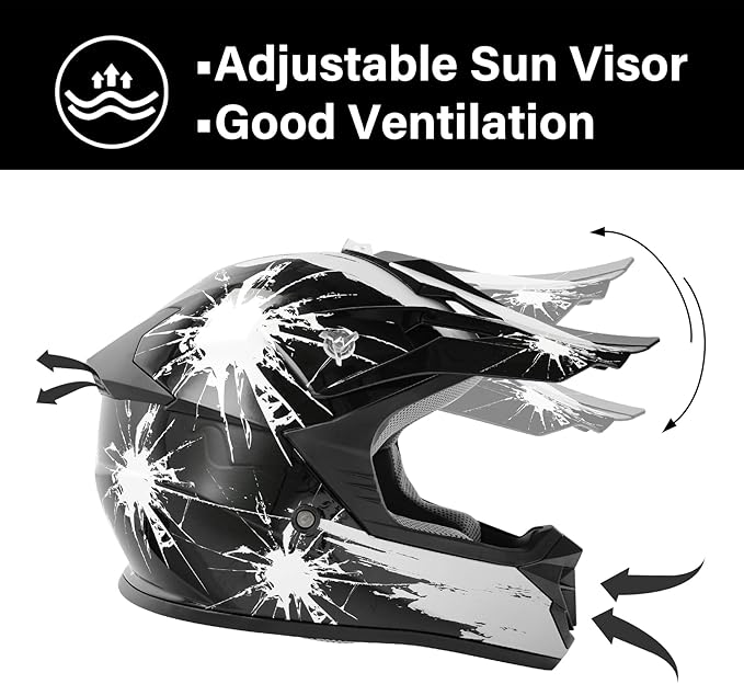 XFMT DOT Youth Kids Dirt Bike Helmet Full Face Motocross Helmets for Off-Road ATV Street Bike Four Wheeler Motorcycle with Goggles & Gloves, Black White Firework Medium