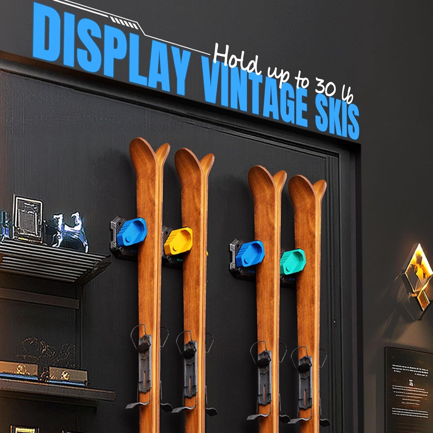 Ski & Snowboard Wall Rack for Garage Wall Fits Any Ski/board, Ski Wall Mount Holders Damage-Free Storage Rack, Garage Organization Space-Saving Winter Gear Organizer, Blue, 1 Pack