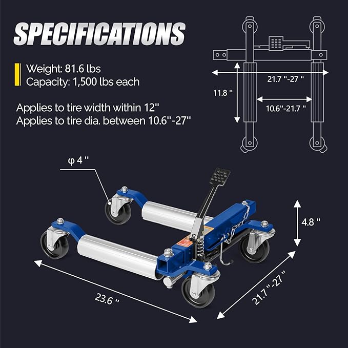 TUFFIOM Car Wheel Dolly Jack Set of 4, Hydraulic 6000-lbs Car Skates, 12'' Wheel Vehicle Positioning Jack, Heavy Duty Rollers with Foot Pedal for Tire Auto Repair Moving, Blue