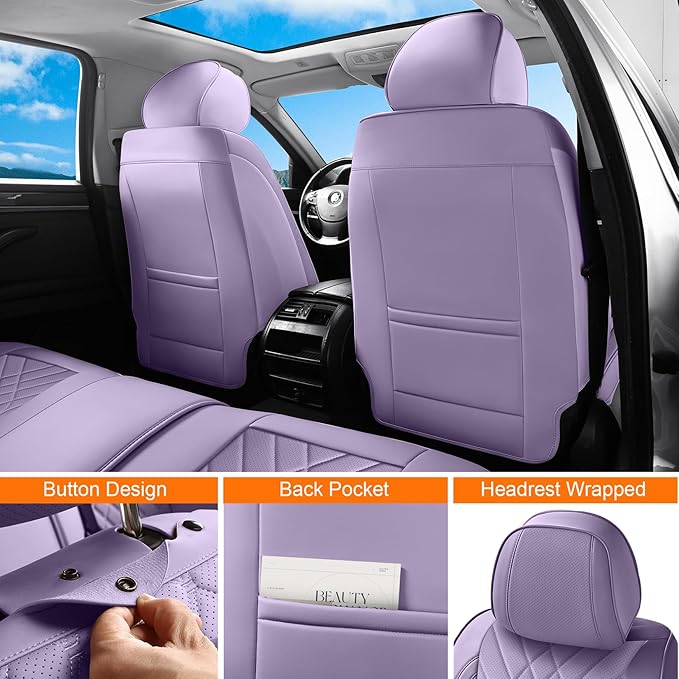 Purple Car Seat Covers Full Set, Luxury Leather Purple Seat Covers for Women, Full Coverage Waterproof Anti-Slip Car Seats Universal Fit for Most 5-Seater Cars SUVs