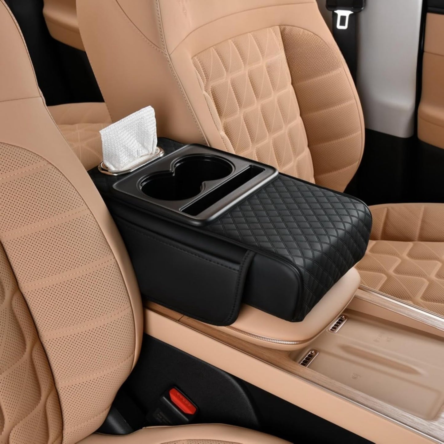Car Center Console Cover Booster Multifunctional Car Center Console Cushion Pad with Cup Holder & Tissue Box & Side Pockets Arm Rest Cover for Car, Embossed, Black