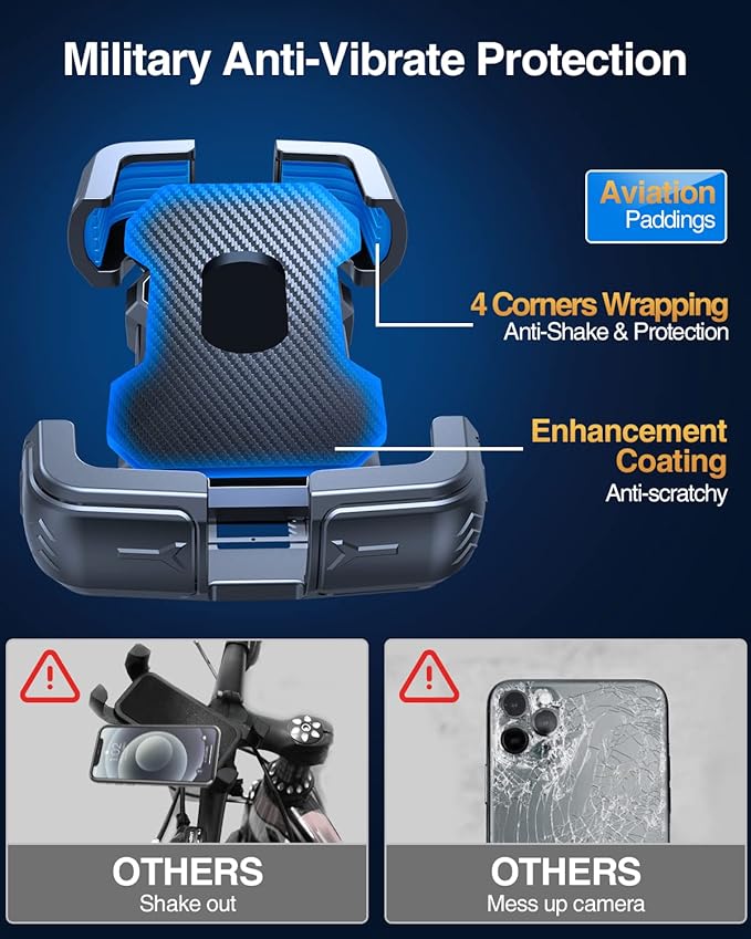 Motorcycle Phone Mount Holder, [150mph Wind Anti-Shake][7.2inch Big Phone Friendly] Bike Phone Holder, Motorcycle Handlebar Cell Phone Clamp, Compatible with iPhone 16 Pro Max, Black