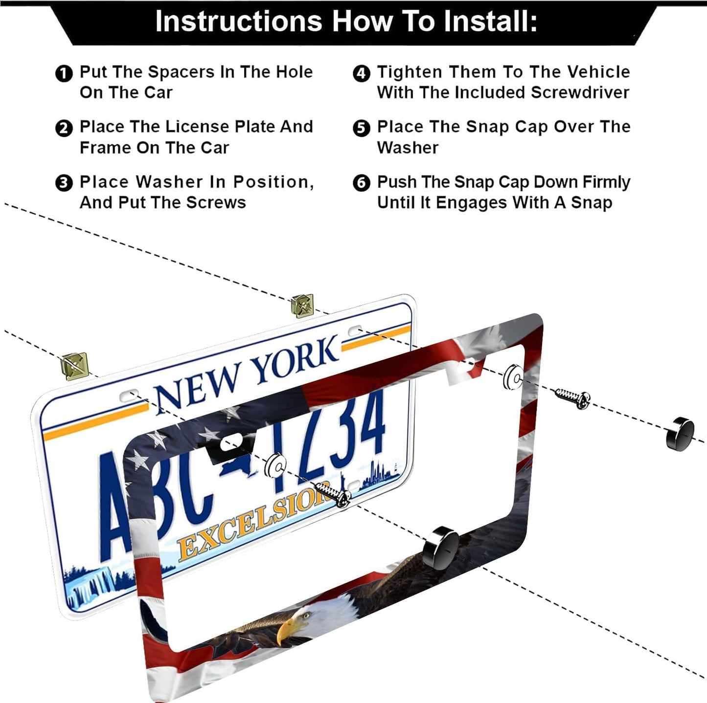 American Flag Eagle License Plate Frames - 2 Pcs Set 2 Holes Stainless Steel Metal Auto Car Accessories Decoration License Plate Frame Cover Size 6.3" x 12.2" Fit US Vehicles for Women Men Gift