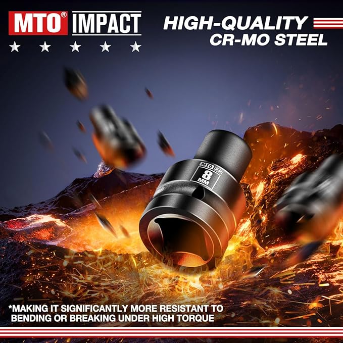 MTO 1/2" Drive 8mm Shallow Impact Socket, 6-Point Metric Socket, CR-MO Steel & Anti-Corrosion Coating for Tight Spaces and Heavy-Duty Tasks