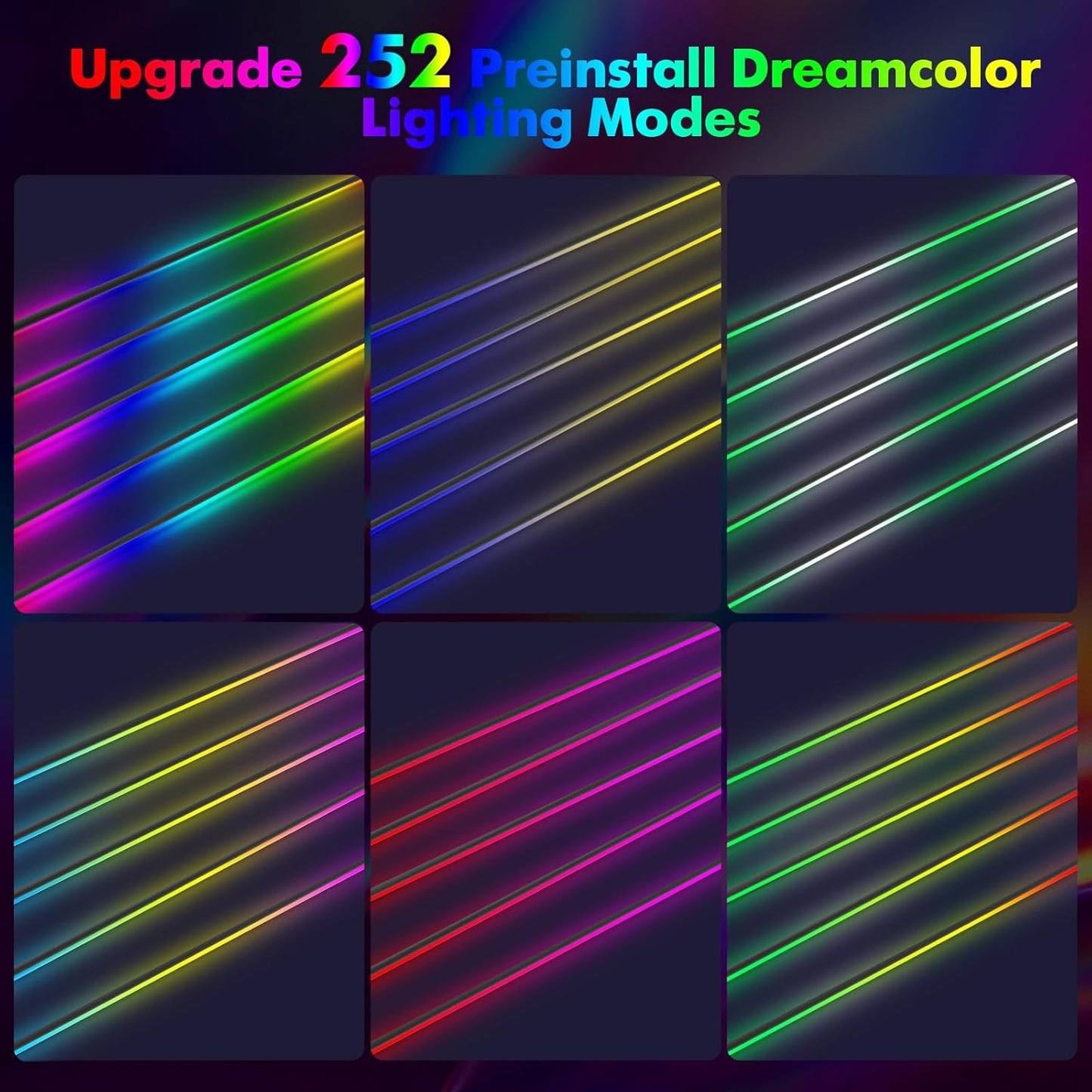 New Version Dreamcolor Acrylic Interior Car Lights 6 in 1 RGB LED Strip Lights with APP Control Zoned Control System 252 Color Modes DIY Fiber Optic Ambient Lighting Kits Music Car Neon Lights