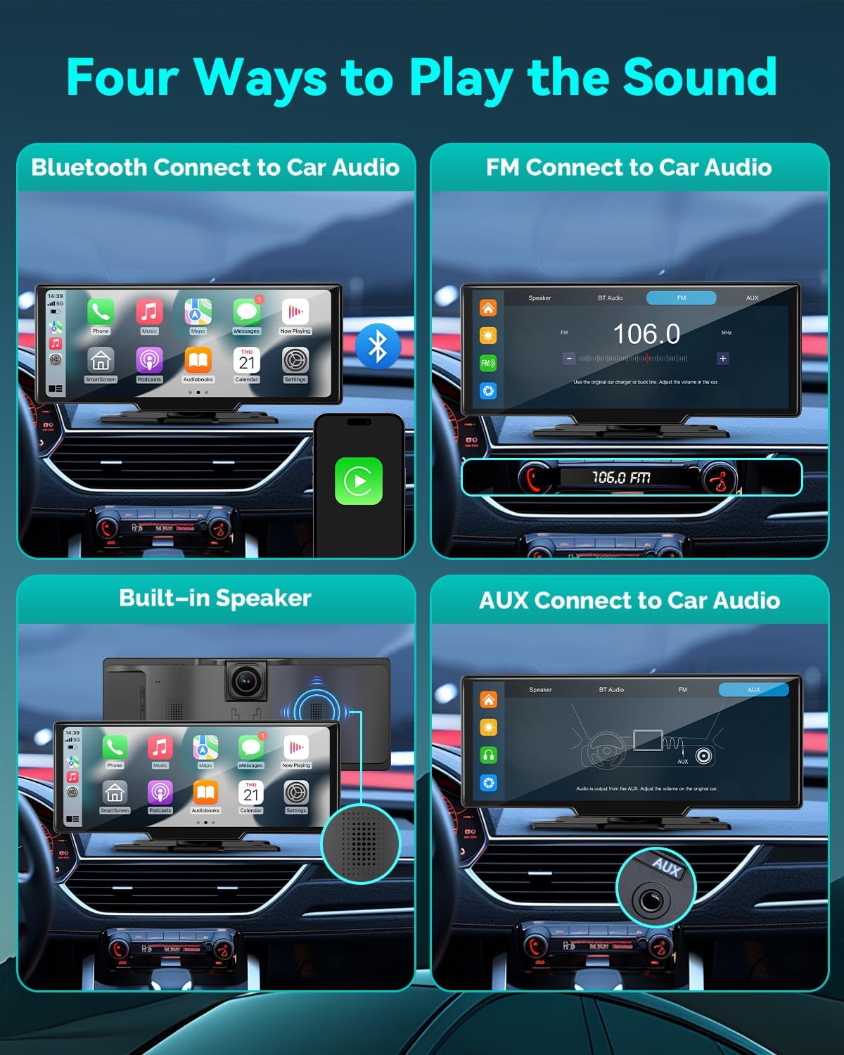 Wireless Carplay Screen for Car, 10.26" Android Auto Screen Compatible with A-pple Carplay, 4K Front & 1080P Rear Cameras Loop Recording, FM, AUX, BT, MirrorLink, Voice Control, Navigation for iOS 10+