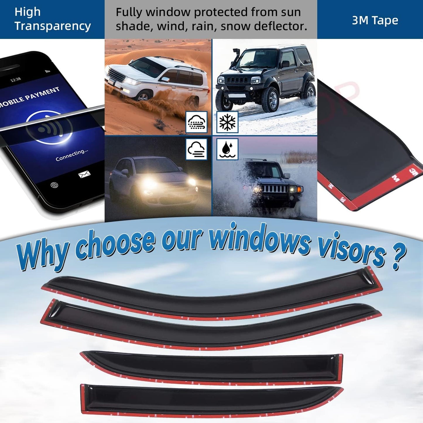 Set of 4 Window Rain Guard Compatible with 2003 2004 2005 2006 2007 Accord 4-Door Sedan Front+Rear JDM Smoke Sun/Rain Guard Outside Mount Tape-On Acrylic Window Visors