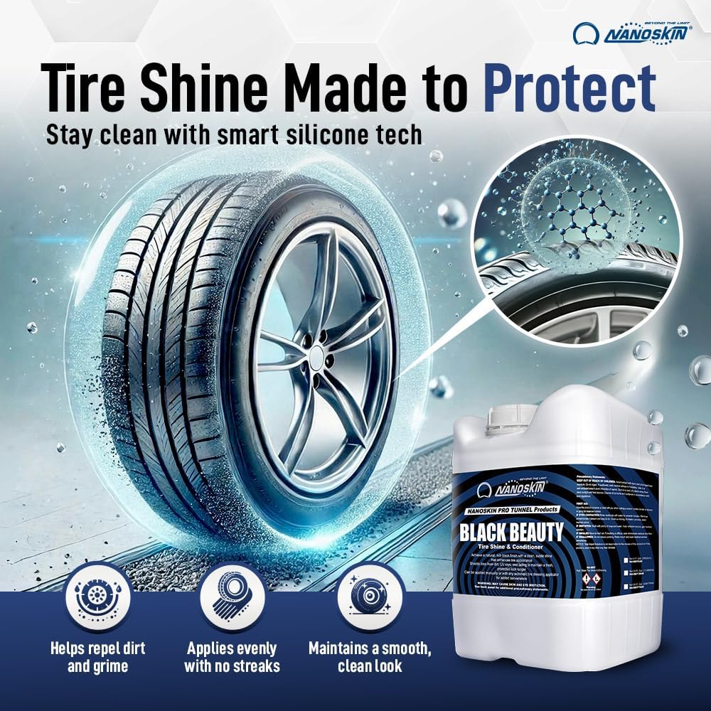 Nanoskin Black Beauty Tire Shine & Conditioner 5 Gallons - Water-Repellent & UV Resistant - Non-Greasy Finish - Restores Black Look | Works with Manual & Automatic Applicators for Cars, Trucks, SUV