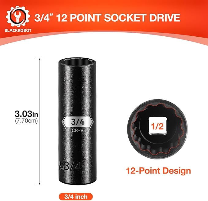 BLACKROBOT 3/4 inch 12-Point Deep Impact Socket, 1/2 Inch Drive, Metric, Cr-V Steel With Black Manganese Phosphate Coating