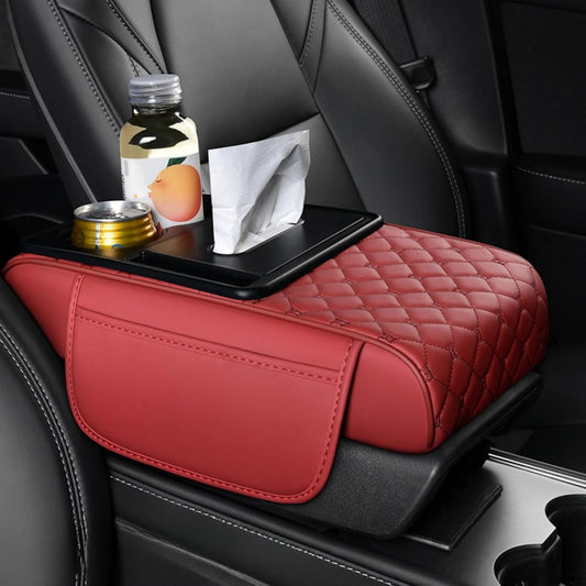 Center Console Cover Organizer, 5-In-1 Arm Rest Cover for Car with Cup Holder & Storage Pocket & Tissue Holder, Armrest Cover Cushion Pad, Grid, Red