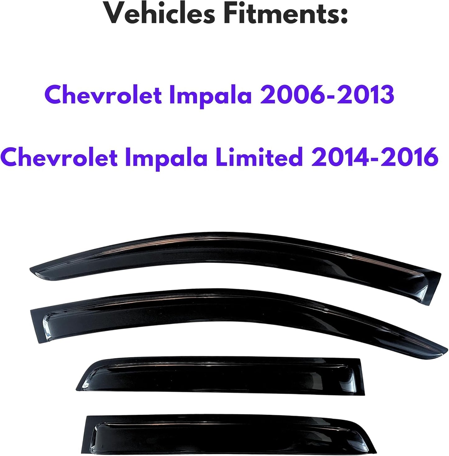 KPY Window Visor Compatible with Chevrolet Chevy Impala 2006-2013 & Impala Limited 2014-2016, 4PC Rain Guard Side Vent Deflectors Tape-On Style, 2006 2007 2008 2009 2010 2011 2012 2013 2014 2015 2016