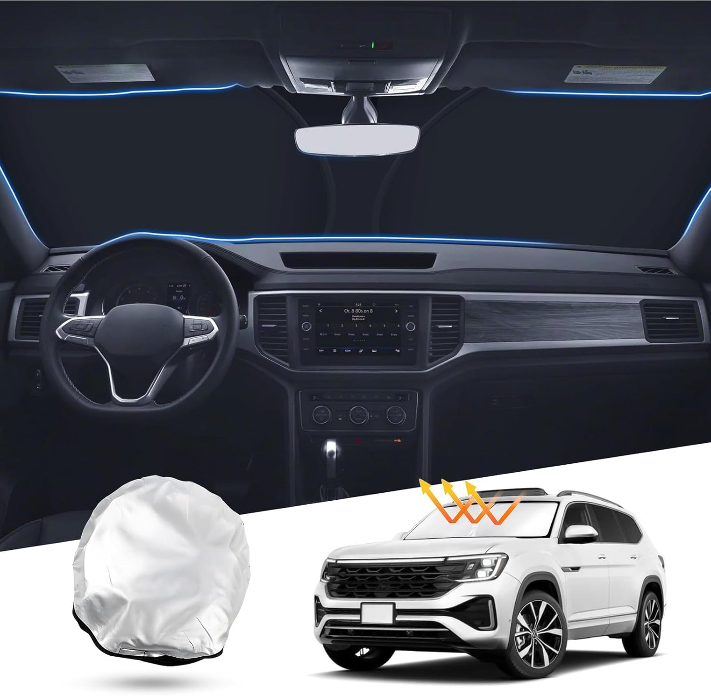 T TGBROS Windshield Sun Shade for Volkswagen Atlas 2018-2024 2025 Front Window Sun Shade Foldable Sun Shield Sun Visor Cover Block Heat and Sun Protection