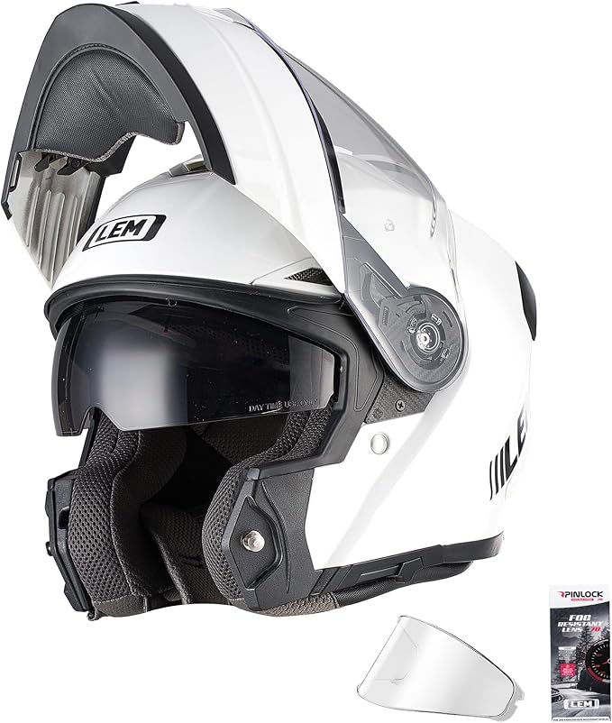 LEM Modular Motorcycle Helmets Fiberglass, Full Face Motorcycle Helmet Flip Up for Touring, DOT Certified, Release Sun Visor & Removable Comfort Liner, Lightweight Street Bike Helmet (White, XL)