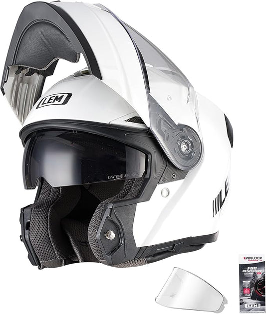LEM Modular Motorcycle Helmets Fiberglass, Full Face Motorcycle Helmet Flip Up for Touring, DOT Certified, Release Sun Visor & Removable Comfort Liner, Lightweight Street Bike Helmet (White, XXL)