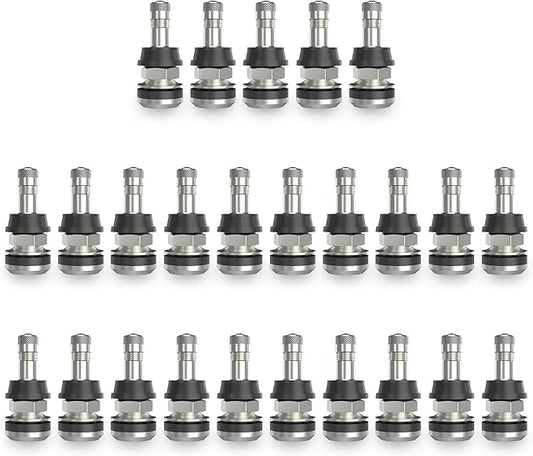 SUNSOUL TR416 25pcs Metal Valve Stems Outer Mount Fits .453" & .625" Rim Holes, Silver, High-Pressure Clamp-in Tire Valves