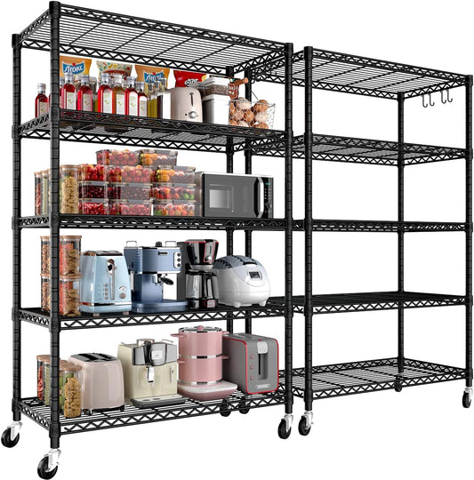 PrimeZone 2 Packs 36" W x 16" D x 79" H Wire Storage Shelves with Wheels, 5 Tier NSF Certified Heavy Duty Adjustable Kitchen Shelving Unit, Pantry Organizer Rack Rolling Metal Shelf for Garage Closet