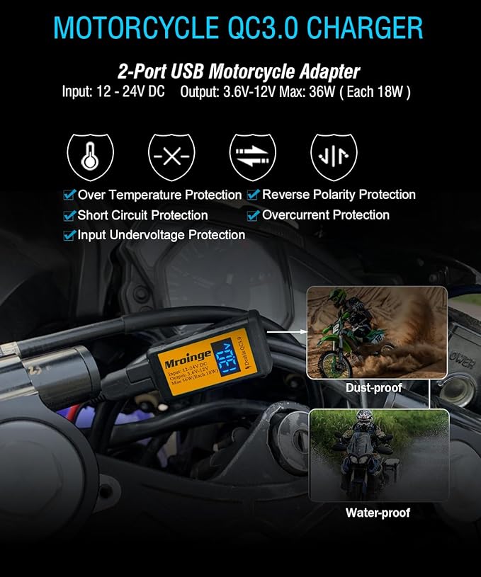 Motorcycle USB Charger, Mroinge 6.8A SAE to USB Adapter Dual Port QC3.0/2.0 Fast Charge, with Voltmeter/Ammeter & ON/Off Switch & 10A Fuse, Perfect for Your Phone or Smart Device Charging