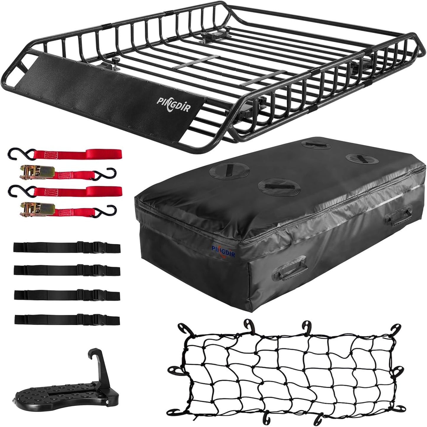 Roof Rack Basket 51" X 36" X 5" Rooftop Rack Cargo Carrier Universal, Waterproof Cargo Bag 44 * 35 * 16", Cargo Net with Attachment Hooks, 2 pcs Ratchet Strap,Roof Pedal