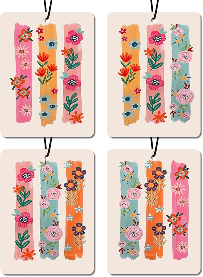 Bluebell scent Boho Floral Car Air Fresheners Natural Non Toxic Air Freshener 4 - Pack Colorful Brushstroke Flower Designs, Ideal Decor & Gift for Nature Lovers, for Car, Closet & Home