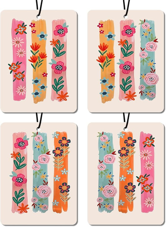 Bluebell scent Boho Floral Car Air Fresheners Natural Non Toxic Air Freshener 4 - Pack Colorful Brushstroke Flower Designs, Ideal Decor & Gift for Nature Lovers, for Car, Closet & Home
