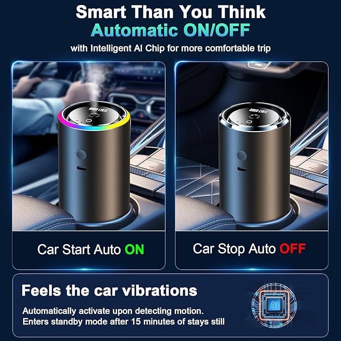 Smart Car Air Freshener Diffuser with 100ml Essential Oils,Car Aroma Diffuser New Smell Long Lasting Lasts 6 Months, RGB Music Syncing Light, Auto On/Off Intelligent, 5 Adjustable Rechargeable